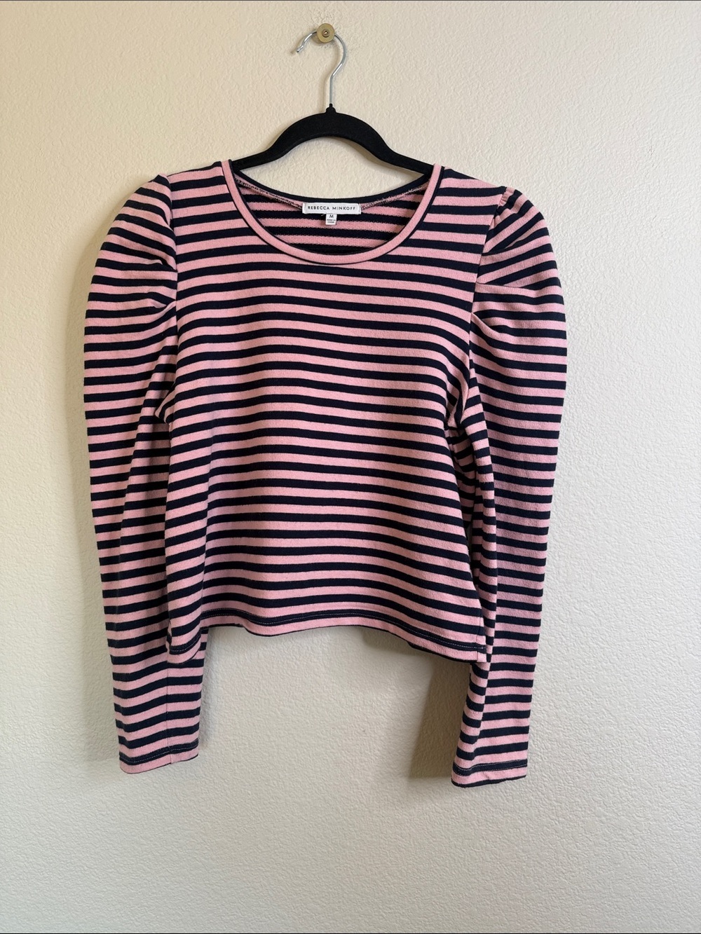 Rebecca Minkoff Striped Puff-Sleeve Long Sleeve Top - Pink & Black medium